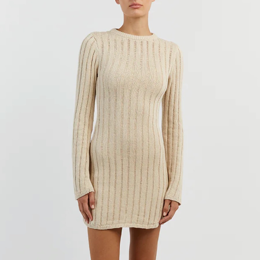 Dissh Cream Ribbed Long-Sleeve Mini Dress